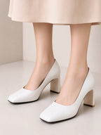 Women's Dress Pumps Chunky Low Block Heels Square Toe Party Office Shoes White