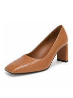 Women's Slip-on Pumps Chunky Low Block Heels Square Toe Dress Office Shoes Brown