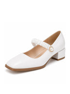 Women's Mary Jane Shoes Uniform Dress Shoes Square Toe Ankle Strap Chunky Heel Pumps Shoes White