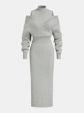 Off-Shoulder Waist-Defined Rib-Knit Midi Dress