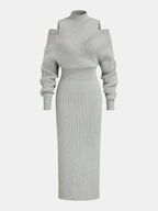 Off-Shoulder Waist-Defined Rib-Knit Midi Dress