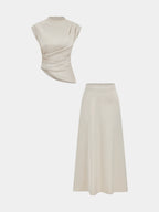 Satin Asymmetric Ruched Top & Midi Skirt Set