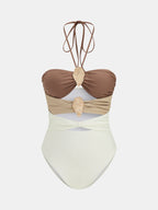 Color Block One-Piece Swimsuit & Cover-Up Skirt Set