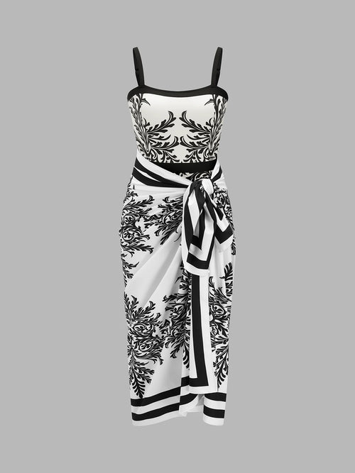Baroque Print One-Piece Swimsuit & Sarong Set