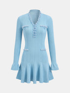 Ruffled Hem Pearl Trim Knit Mini Dress