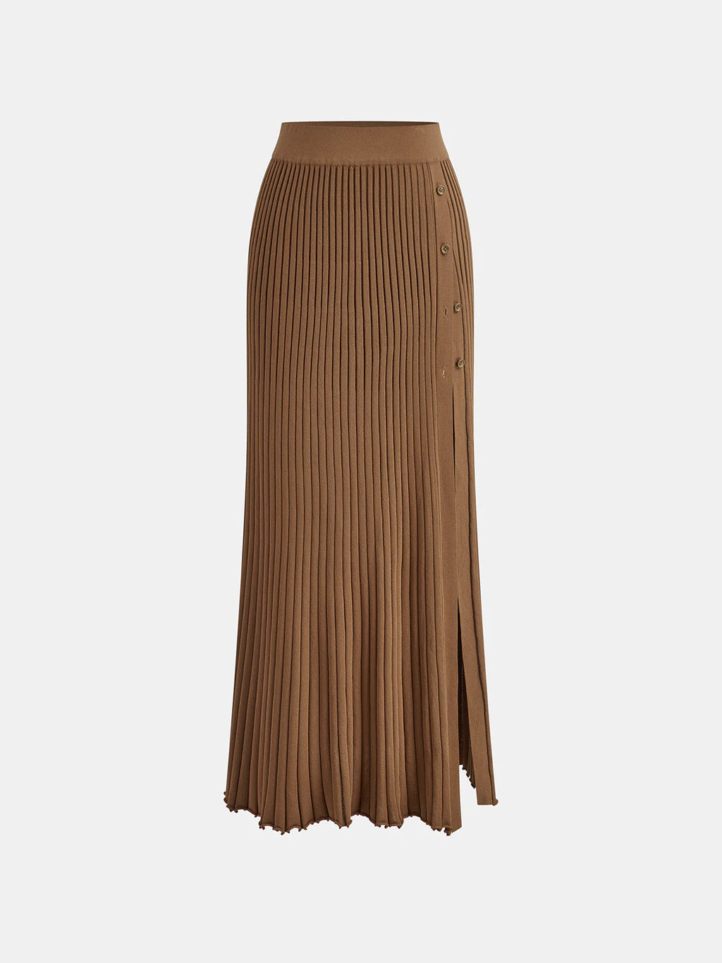 Ribbed Side Slit Button Detail Midi Skirt