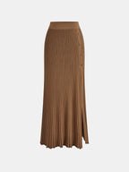 Ribbed Side Slit Button Detail Midi Skirt