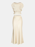 Satin Cowl Neck Top and Skirt Set