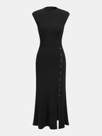 Button Detail Cap Sleeve Rib Knit Maxi Dress